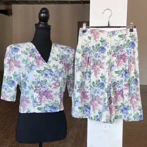 Purple and blue vintage, high waisted, crop top floral print set
